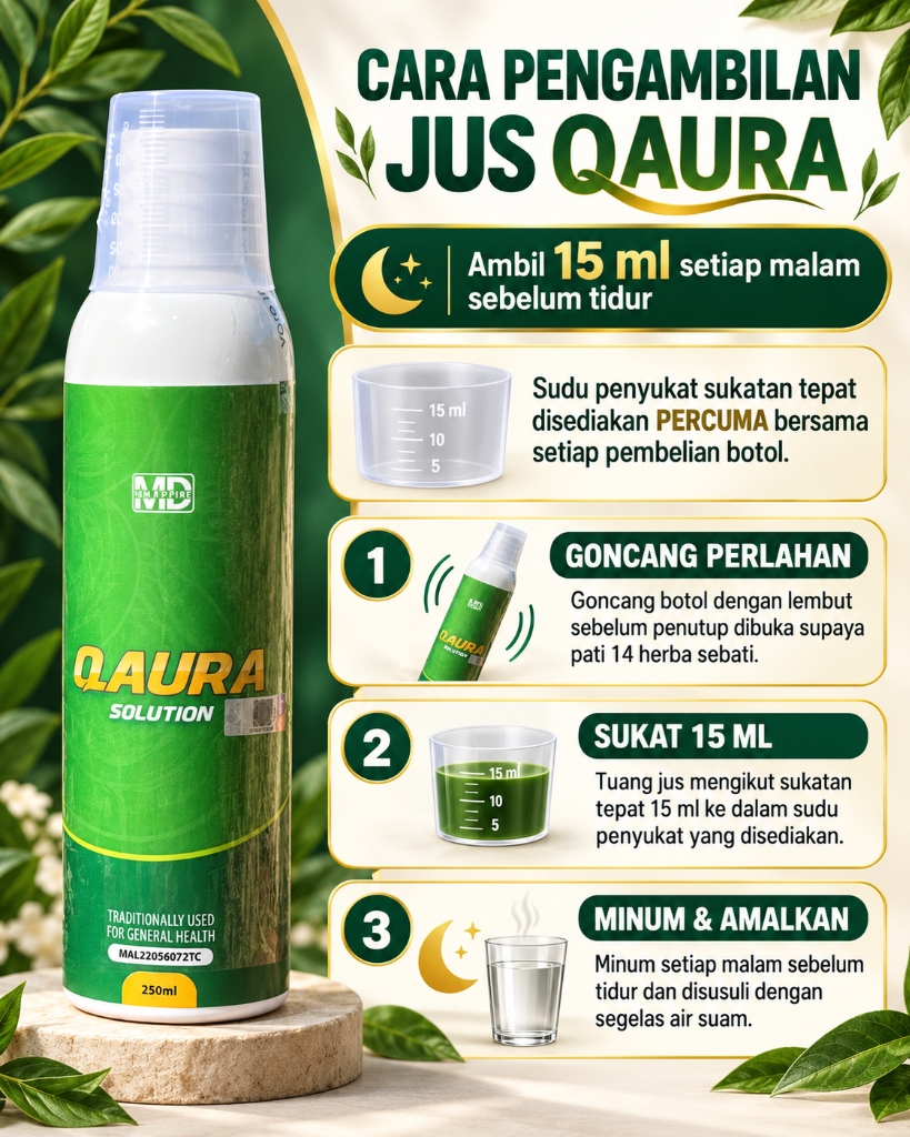 Panduan Cara Pengambilan Jus Qaura 15 ml Setiap Malam Sebelum Tidur