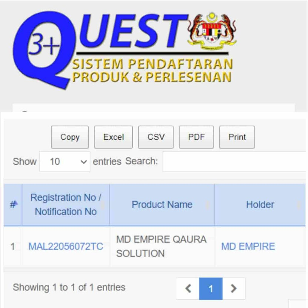 Sijil Pendaftaran Rasmi KKM QUEST3+ Jus Qaura MAL22056072TC